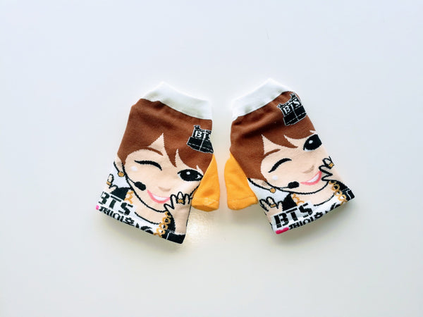 Pair of fingerless gloves made from H-Mart BTS JHope graphic socks