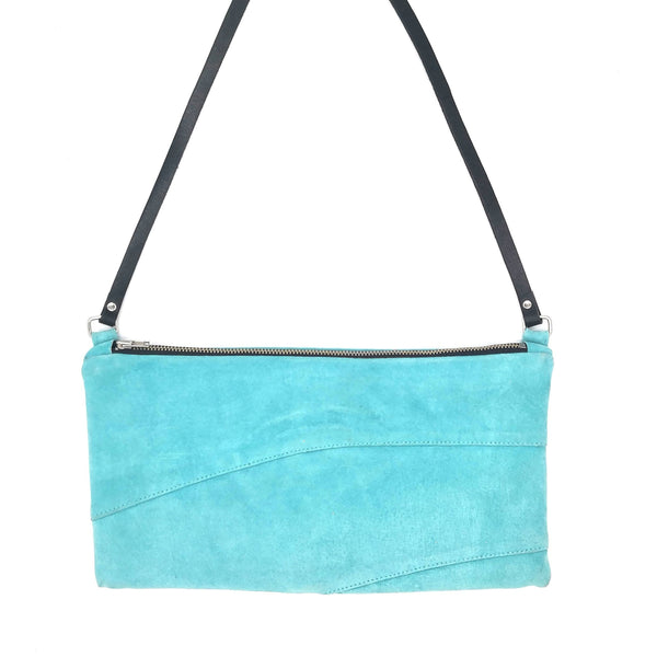 Fringe Vintage Leather crossbody bag in aqua with black leather strap