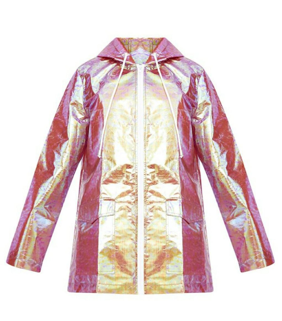 Rose gold holographic raincoat with drawstring hood, white string and zipper