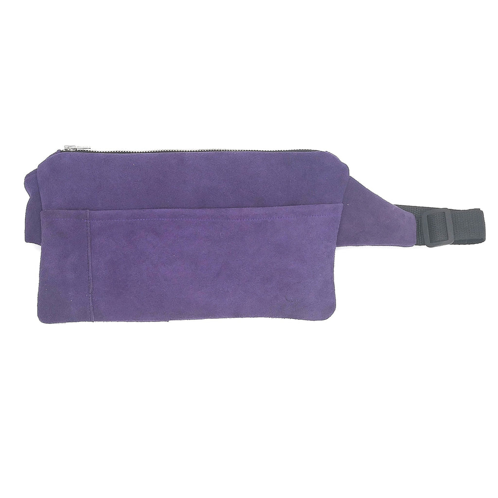 Upcycled purple suede fanny pack with silver zipper and black adjustable strap