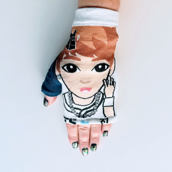 Hand in wrist-length fingerless glove made from H-Mart BTS Jin graphic sock