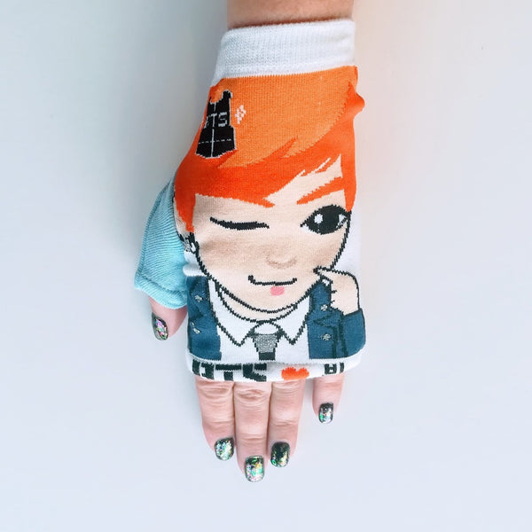 Hand in wrist-length fingerless glove made from H-Mart BTS V graphic sock
