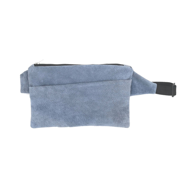 Dusty blue recycled suede fanny pack made by Fringe Vintage Leather