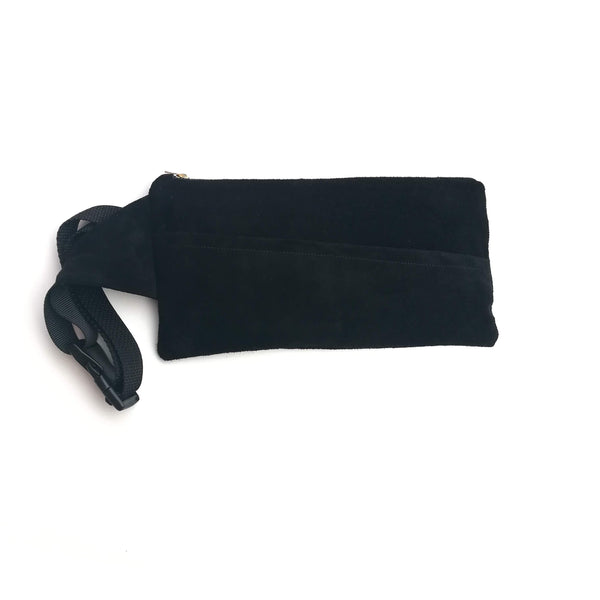 Recycled black suede fanny pack with gold metal zipper and adjustable strap