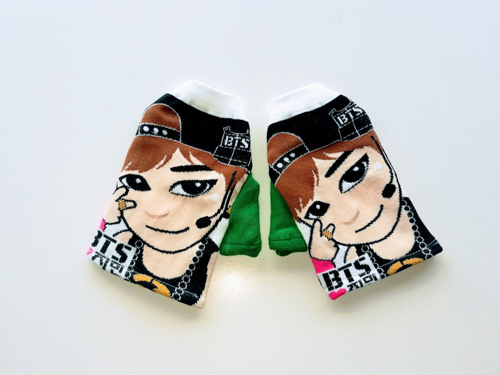 Pair of fingerless gloves made from H-Mart BTS Jimin graphic socks