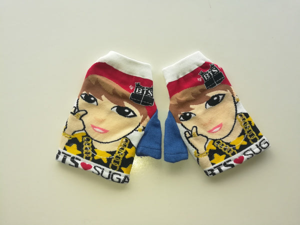 Pair of fingerless gloves made from H-Mart BTS Suga graphic socks