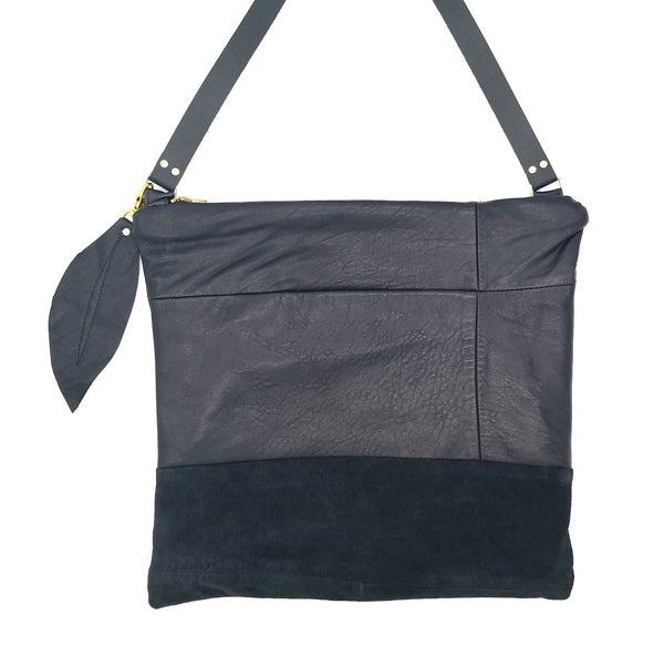 Upcycled soft black leather & suede bag with exterior phone pocket