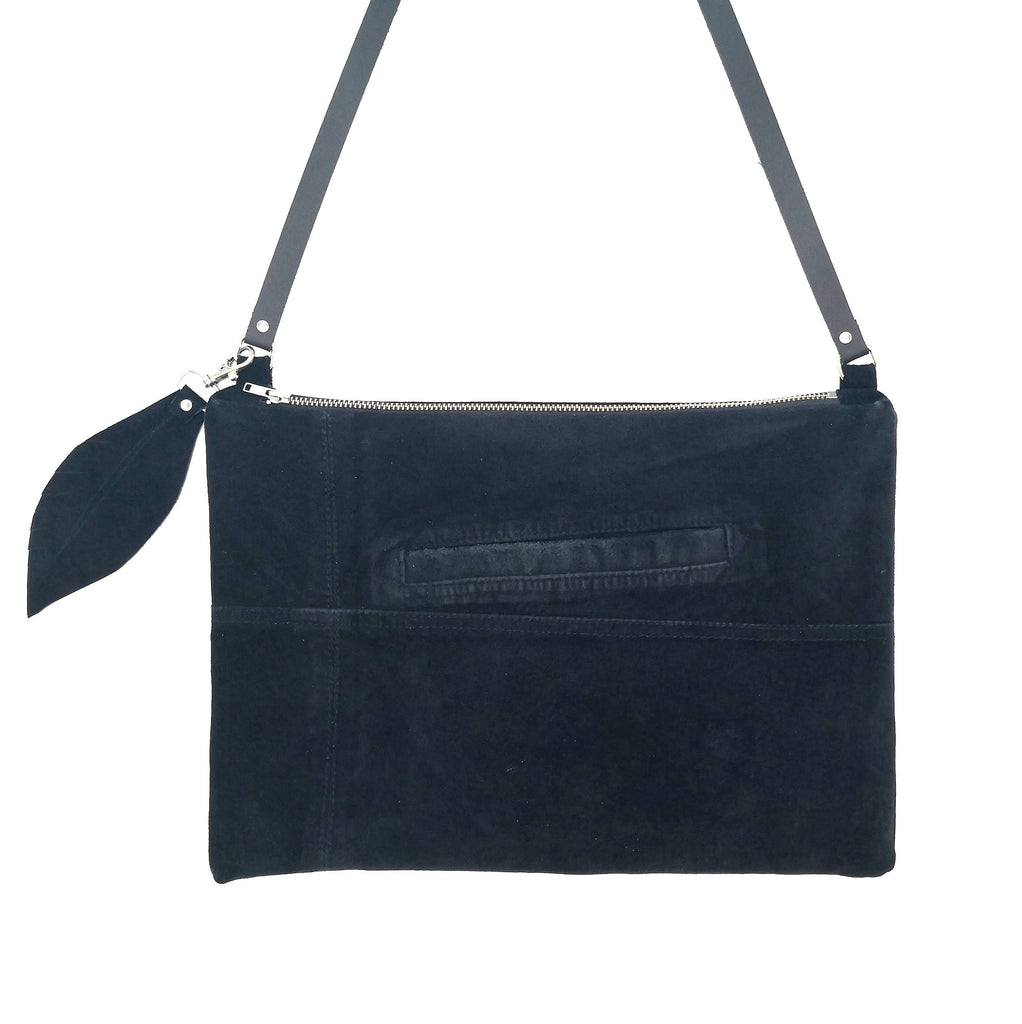 Upcycled black suede crossbody bag with original jacket pocket and leaf charm