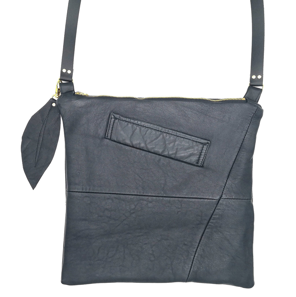 Upcycled black leather Fringe Vintage crossbody bag