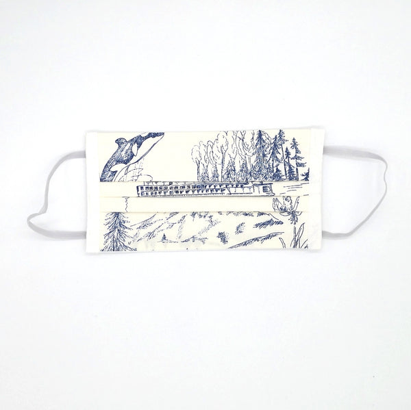 White cotton face mask with navy line illustrated pattern and white ear loops