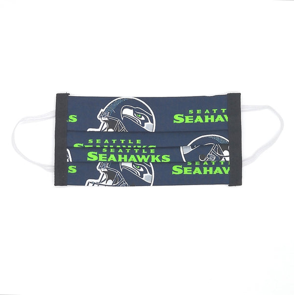 Blue face mask with Seattle Seahawks green logo and helmet illustration