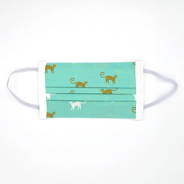 3-layer cotton face mask in aqua with brown and white cat pattern and white ear loops