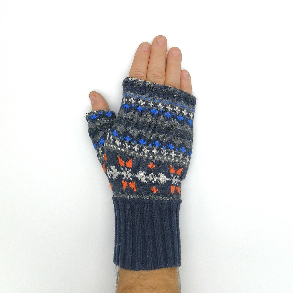 Fingerless Gloves Men's Hand Knit Navy Blue Merino Wool & 