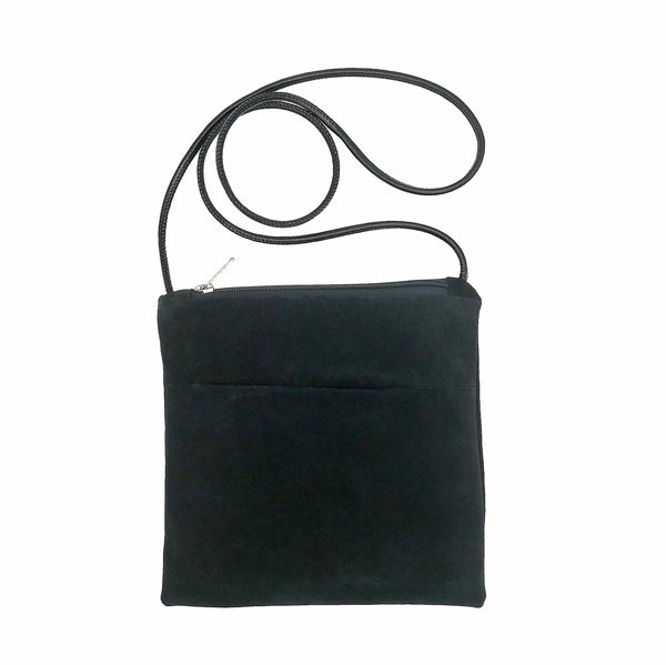 Upcycled black suede small crossbody bag with slim leather strap