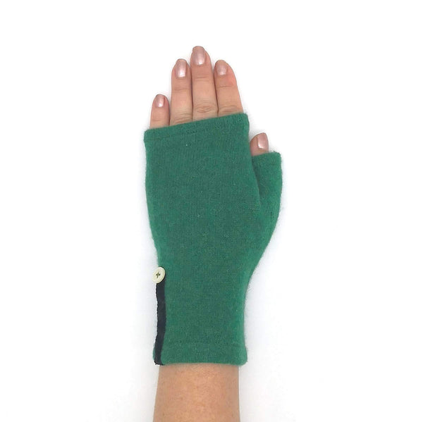 Upcycled fingerless mitten made from emerald cashmere sweater on woman's hand