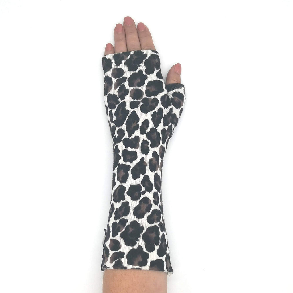 Long fingerless mittens made from recycled black, white & brown leopard print sweater