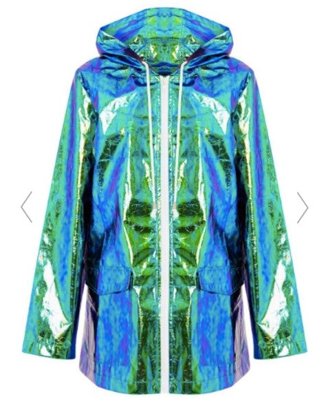 Front view of junebug holographic raincoat
