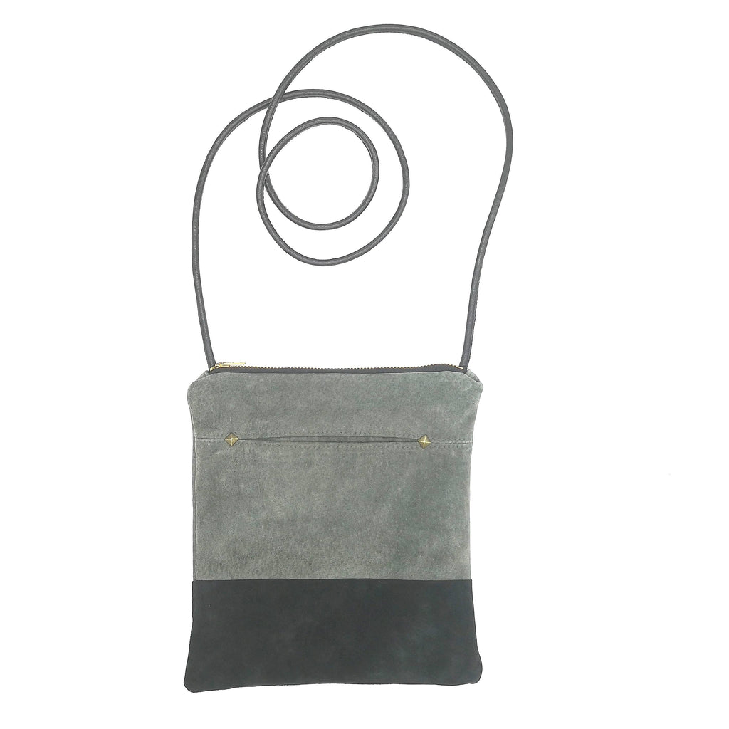 Two-tone recycled suede crossbody bag in olive and black