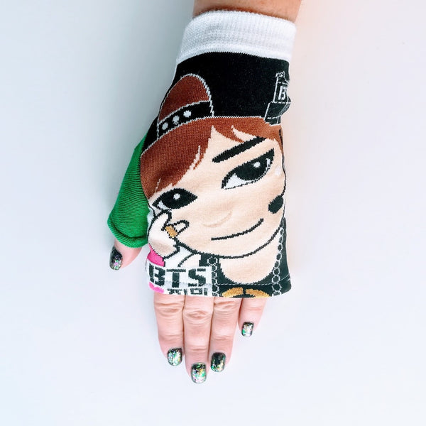 Hand in wrist-length fingerless glove made from H-Mart BTS Jimin graphic sock