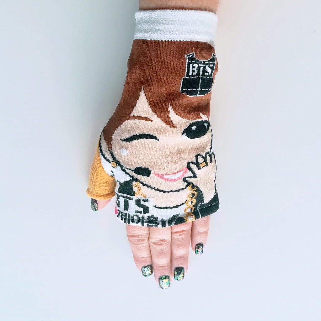 Hand in wrist-length fingerless glove made from H-Mart BTS JHope graphic sock
