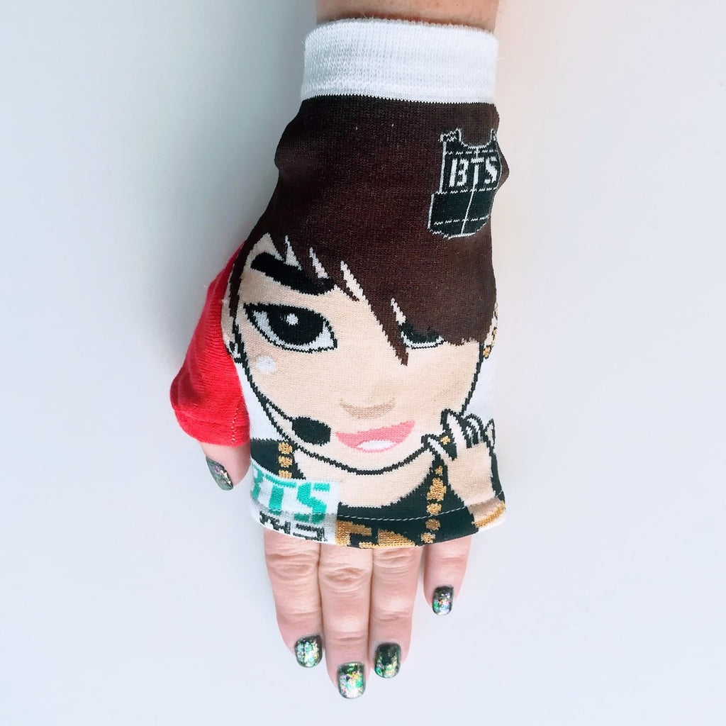 Hand in wrist-length fingerless glove made from H-Mart BTS Jungkook graphic sock