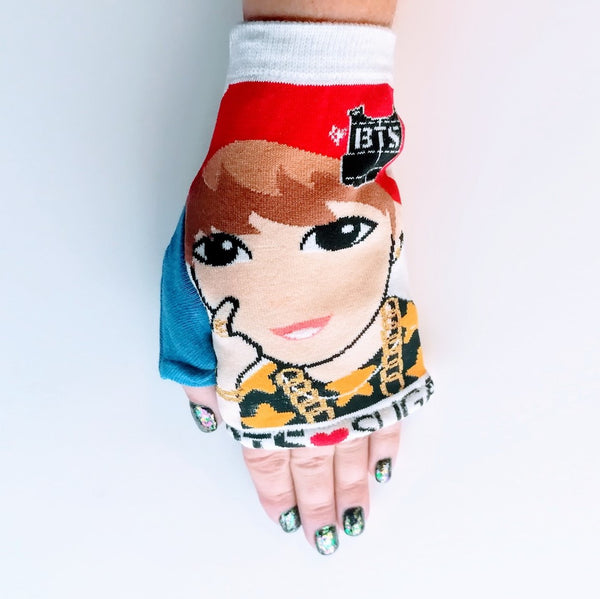 Hand in wrist-length fingerless glove made from H-Mart BTS Suga graphic sock